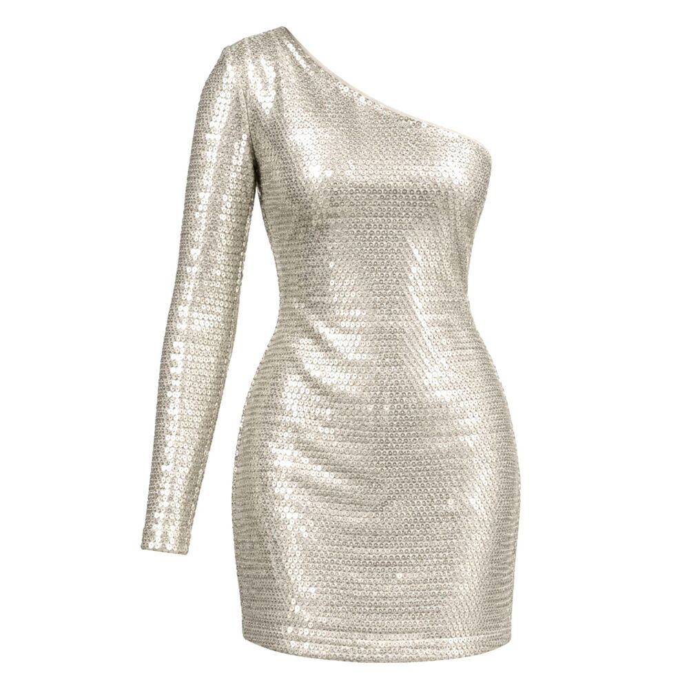Rachel Zoe White Sequin One Shoulder Long Sleeve Mini Dress